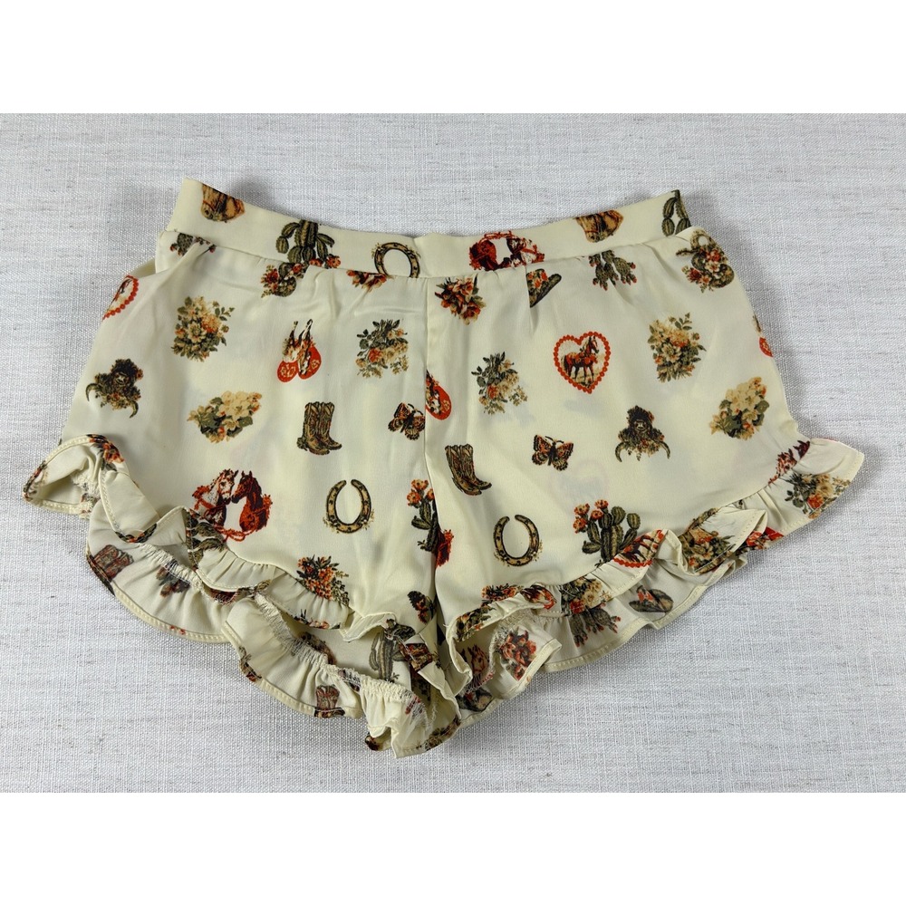 Out From Under Western Print Ruffle Sleep Shorts Cream XS Cowboy Boot Cactus